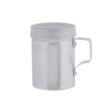 A silver aluminum dredge with a cylindrical body, flat lid featuring multiple small holes, and a simple handle, shown against a plain white background—perfect as a handled dredge like the TableCraft H158.