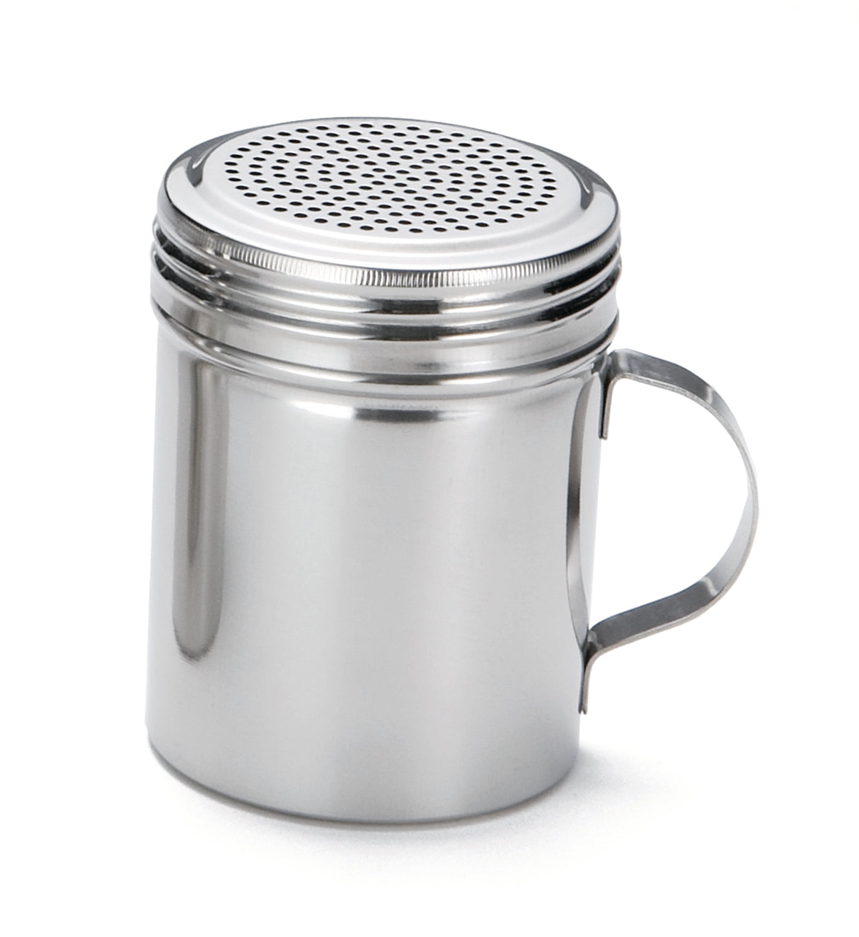 A stainless steel dredge with a handle and perforated lid, perfect for sprinkling powdered sugar or cocoa. Its reflective surface and simple, utilitarian design make it ideal for any kitchen. Dishwasher safe for easy cleaning.