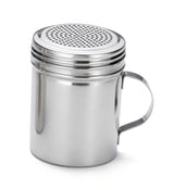 A stainless steel dredge with a handle and perforated lid, perfect for sprinkling powdered sugar or cocoa. Its reflective surface and simple, utilitarian design make it ideal for any kitchen. Dishwasher safe for easy cleaning.