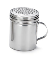 A stainless steel dredge with a handle and perforated lid, perfect for sprinkling powdered sugar or cocoa. Its reflective surface and simple, utilitarian design make it ideal for any kitchen. Dishwasher safe for easy cleaning.