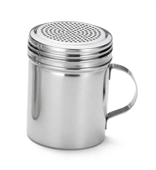A stainless steel dredge with a handle and perforated lid, perfect for sprinkling powdered sugar or cocoa. Its reflective surface and simple, utilitarian design make it ideal for any kitchen. Dishwasher safe for easy cleaning.