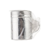 A shiny, stainless steel mug wrapped in clear plastic is shown against a white background. The mug has a smooth surface and a curved handle, which is also partially covered by the transparent plastic wrapping. Dishwasher safe for easy cleaning.