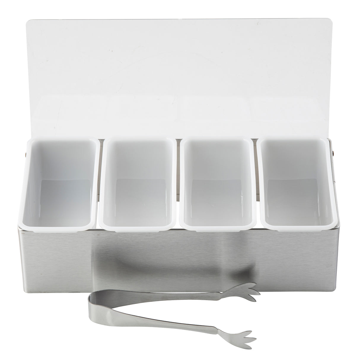 A stainless steel bar caddy set featuring four rectangular white plastic bins, a clear hinged lid, and scalloped metal tongs. The bins are empty, arranged in a single row, and the set is dishwasher safe for easy cleaning.