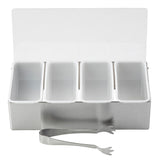 A stainless steel bar caddy set featuring four rectangular white plastic bins, a clear hinged lid, and scalloped metal tongs. The bins are empty, arranged in a single row, and the set is dishwasher safe for easy cleaning.
