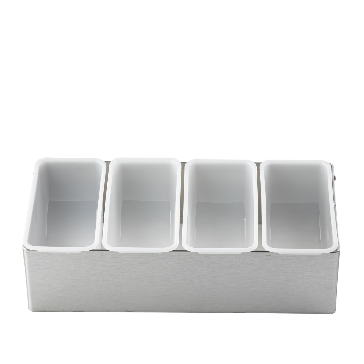 A stainless steel bar caddy set featuring four rectangular white plastic containers, empty and arranged side by side, sits against a plain white background. Each container is dishwasher safe for easy cleaning.