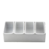 A stainless steel bar caddy set featuring four rectangular white plastic containers, empty and arranged side by side, sits against a plain white background. Each container is dishwasher safe for easy cleaning.