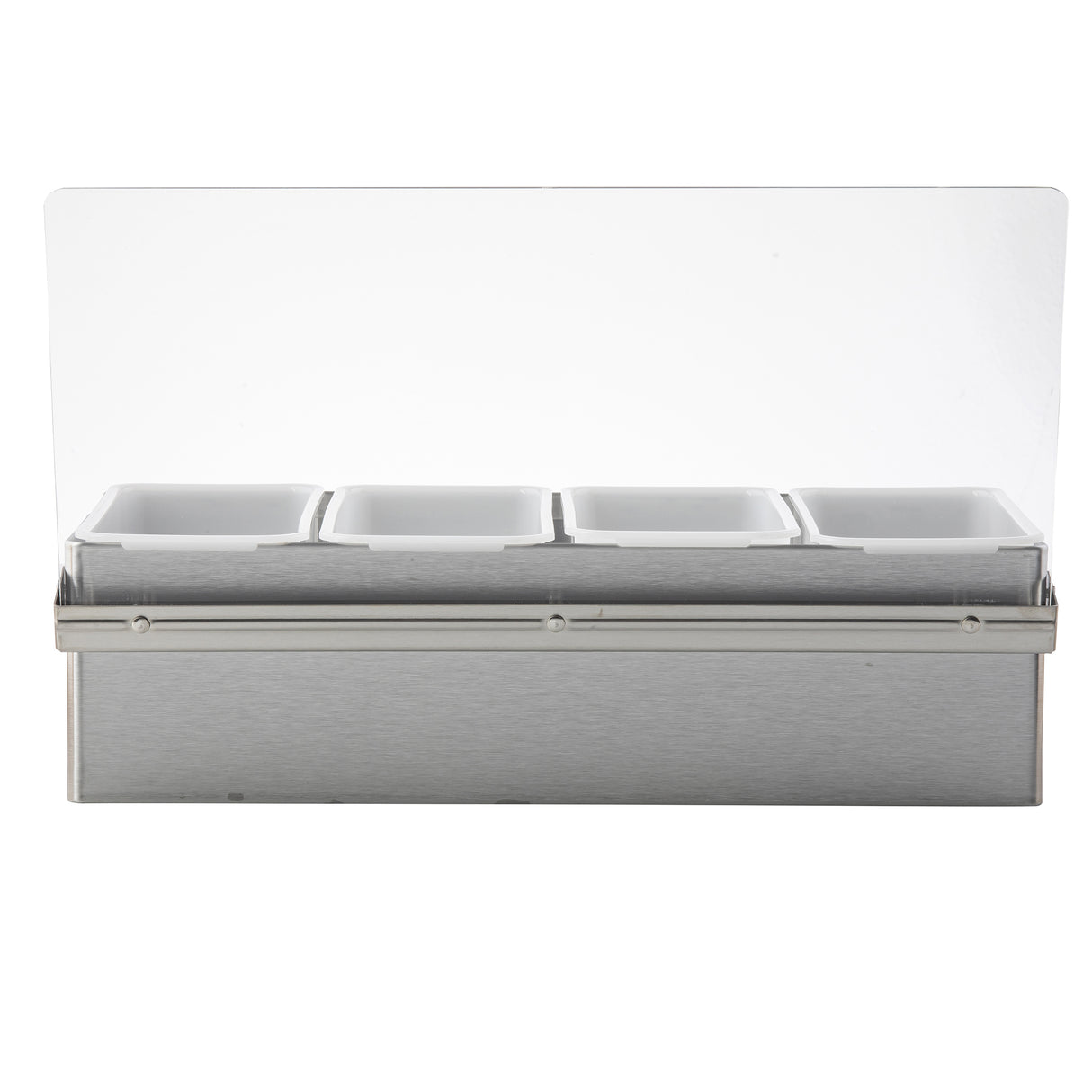 A stainless steel bar caddy set featuring four rectangular white compartments and a clear plastic sneeze guard attached at the back, viewed from the front on a plain white background.