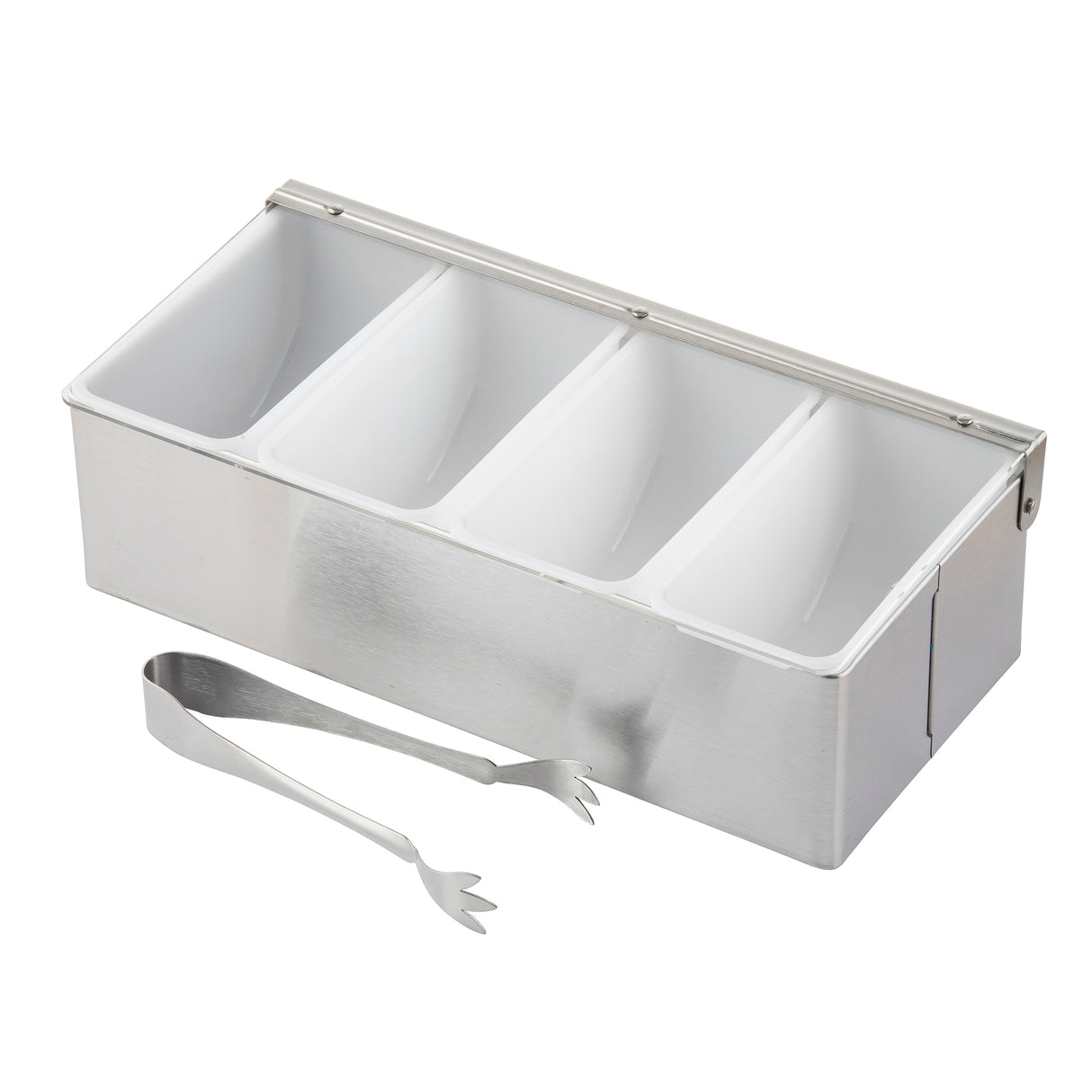A stainless steel bar caddy set with 4 compartments and a hinged lid sits on a white background. In front of the caddy are small metal tongs designed for picking up items from the compartments.