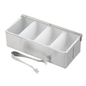 A stainless steel bar caddy set with 4 compartments and a hinged lid sits on a white background. In front of the caddy are small metal tongs designed for picking up items from the compartments.