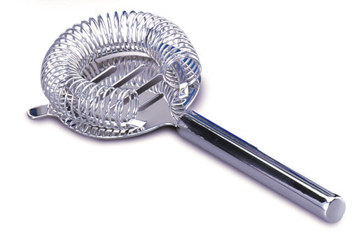 A shiny stainless steel bar strainer with a coiled spring, flat perforated disc, and straight handle—designed for straining ice and solids from mixed drinks. This dishwasher safe strainer is photographed on a white background.