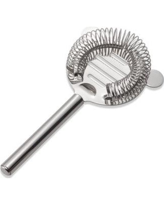 A stainless steel bar strainer with a long handle, coiled spring around the circular head, and two small prongs on the sides, this dishwasher safe tool is perfect for straining mixed drinks from a shaker.