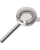 A stainless steel bar strainer with a long handle, coiled spring around the circular head, and two small prongs on the sides, this dishwasher safe tool is perfect for straining mixed drinks from a shaker.