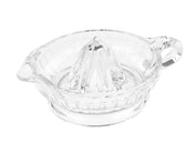 A clear glass juicer with a ridged, conical center for extracting juice. The TableCraft juicer features a built-in spout for easy pouring and a handle on the opposite side, all set against a white background.