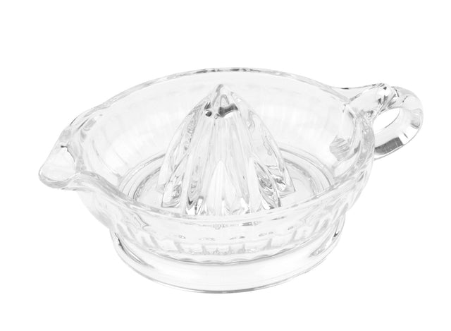 A clear glass juicer with a ridged, conical center for extracting juice. The TableCraft juicer features a built-in spout for easy pouring and a handle on the opposite side, all set against a white background.