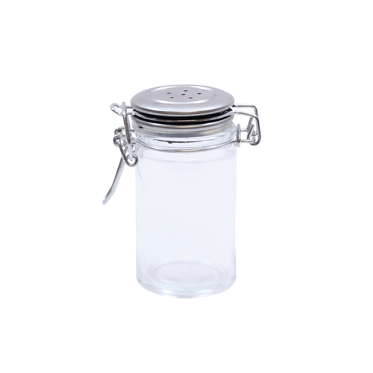 A clear glass shaker jar with a stainless steel clip top lid, featuring small holes like classic salt and pepper shakers. The clasp is open, and the jar stands upright on a white background.