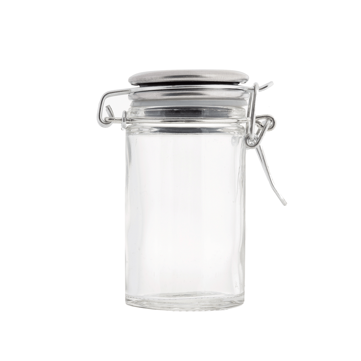 A clear empty glass jar with a stainless steel clip top lid and rubber seal, photographed against a white background. The cylindrical jar’s clasp is slightly open, similar to those found on premium glass shakers or salt and pepper shakers.