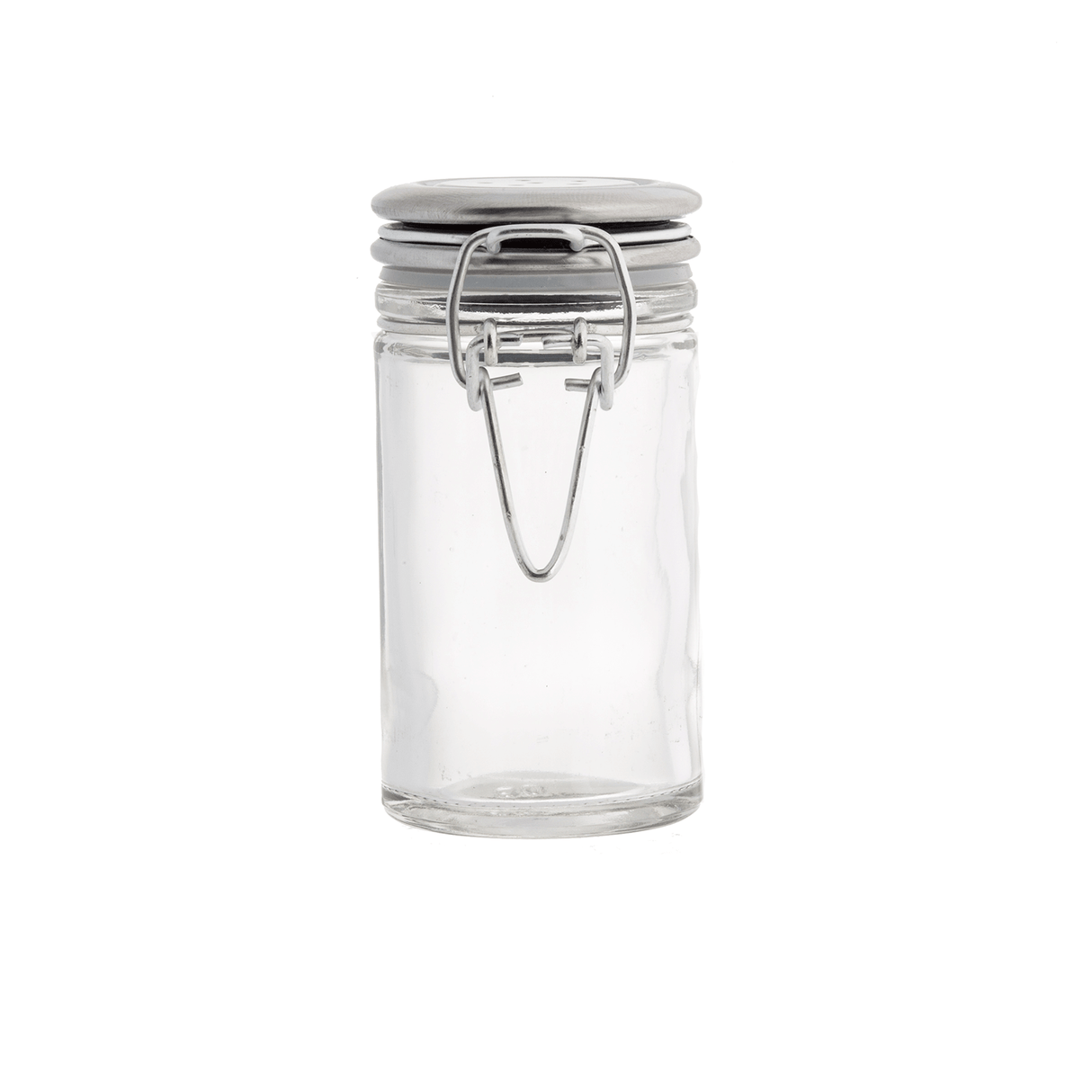 A clear, empty glass jar with a stainless steel clip top and clasp closure is centered on a white background. The cylindrical jar has a smooth surface, and the secure metal clasp keeps the lid tightly in place.