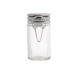 A clear, empty glass jar with a stainless steel clip top and clasp closure is centered on a white background. The cylindrical jar has a smooth surface, and the secure metal clasp keeps the lid tightly in place.