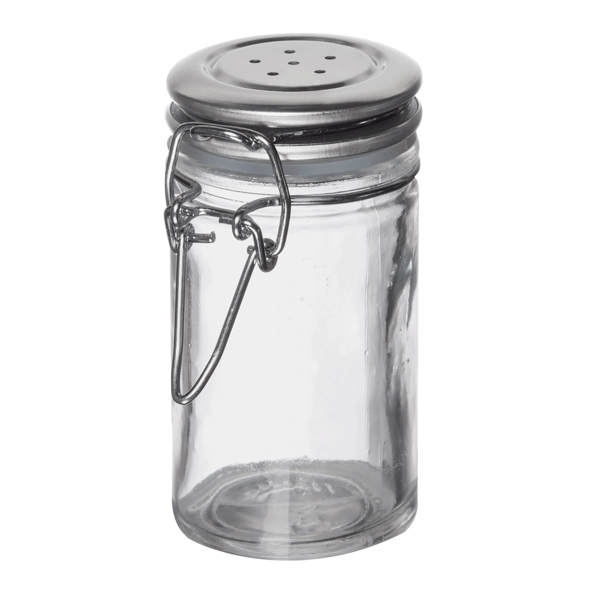 A clear, glass transparent jar with a stainless steel clip top lid featuring several small holes for sprinkling, reminiscent of classic salt/pepper shakers. The wire clasp secures the empty jar against a plain white background.