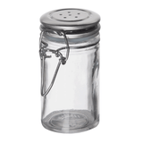 A clear, glass transparent jar with a stainless steel clip top lid featuring several small holes for sprinkling, reminiscent of classic salt/pepper shakers. The wire clasp secures the empty jar against a plain white background.