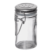 A clear, glass transparent jar with a stainless steel clip top lid featuring several small holes for sprinkling, reminiscent of classic salt/pepper shakers. The wire clasp secures the empty jar against a plain white background.