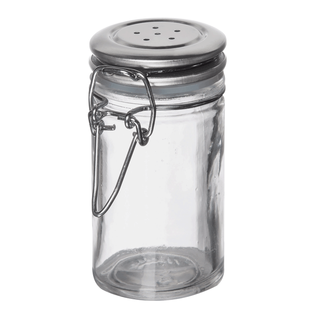 A clear, glass transparent jar with a stainless steel clip top lid featuring several small holes for sprinkling, reminiscent of classic salt/pepper shakers. The wire clasp secures the empty jar against a plain white background.