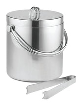 A stainless steel ice bucket with a lid and round handle, plus a side handle for carrying. Includes dishwasher safe metal ice tongs resting in front, all displayed on a plain white background.