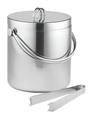 A stainless steel ice bucket with a lid and round handle, plus a side handle for carrying. Includes dishwasher safe metal ice tongs resting in front, all displayed on a plain white background.