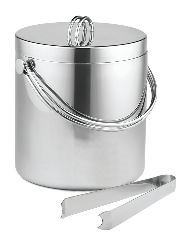 A stainless steel ice bucket with a lid and round handle, plus a side handle for carrying. Includes dishwasher safe metal ice tongs resting in front, all displayed on a plain white background.