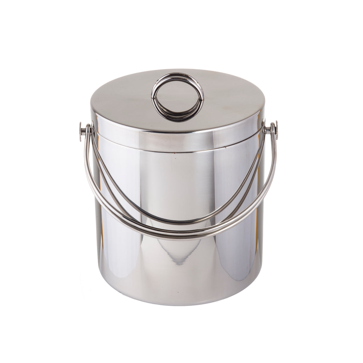 A shiny, cylindrical stainless steel ice bucket with a fitted lid featuring a large circular handle on top and a curved carrying handle attached to the sides, placed against a plain white background; it is also dishwasher safe for easy cleaning.