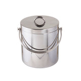 A shiny, cylindrical stainless steel ice bucket with a fitted lid featuring a large circular handle on top and a curved carrying handle attached to the sides, placed against a plain white background; it is also dishwasher safe for easy cleaning.