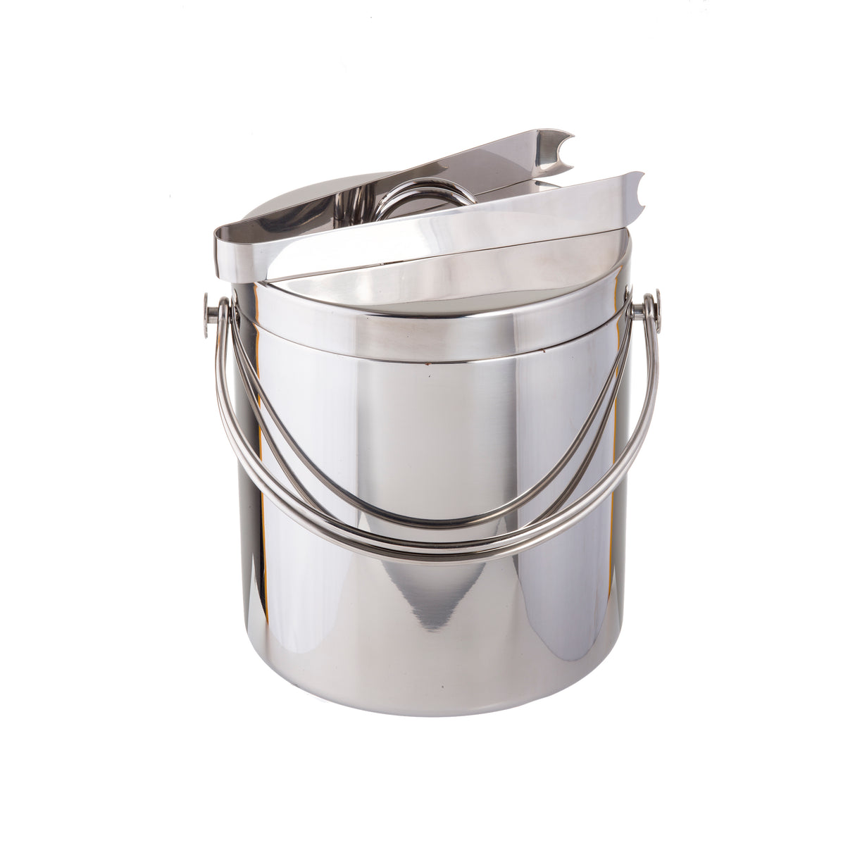 A shiny stainless steel ice bucket with a handle and a matching pair of metal tongs rests on top, set against a plain white background. The bucket features a smooth, reflective surface, modern minimalist design, and is dishwasher safe for easy cleaning.