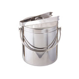 A shiny stainless steel ice bucket with a handle and a matching pair of metal tongs rests on top, set against a plain white background. The bucket features a smooth, reflective surface, modern minimalist design, and is dishwasher safe for easy cleaning.