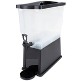 A clear Slimline Beverage Dispenser with a black base, black lid, and spigot for easy pouring. A small drip tray beneath the spigot catches spills. The 3 gallon beverage dispenser sits empty, angled from the front right side.