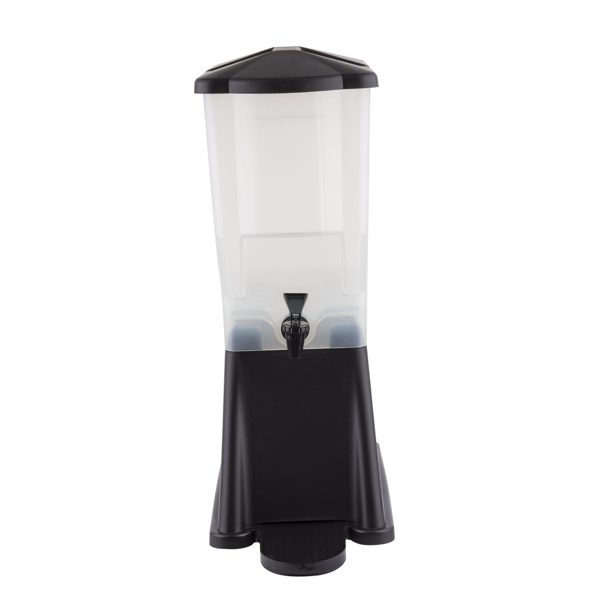 A TableCraft beverage dispenser with a hexagonal lid, spigot, and wide base stands empty against a plain white background. This 3 gallon beverage dispenser features sleek black and transparent plastic for versatile serving.