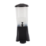 A TableCraft beverage dispenser with a hexagonal lid, spigot, and wide base stands empty against a plain white background. This 3 gallon beverage dispenser features sleek black and transparent plastic for versatile serving.
