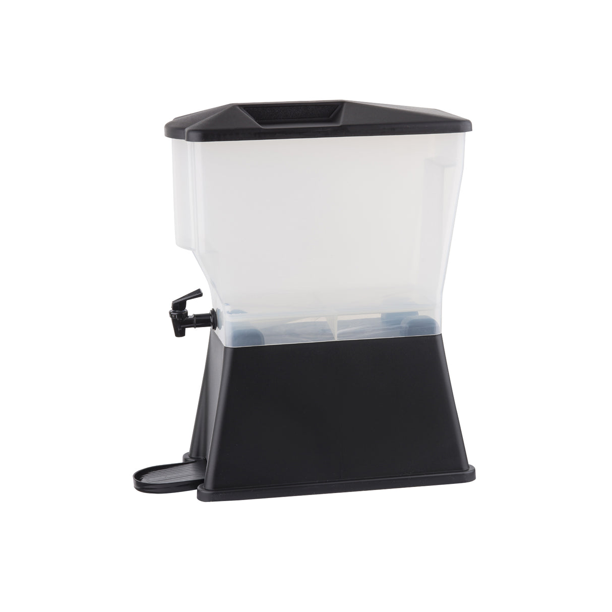 A black and transparent slimline beverage dispenser with a rectangular shape, black lid, and base. It features a small spigot for pouring drinks, a circular drip tray beneath the spout, and is ideal for serving refreshments at any event. Plain white background.
