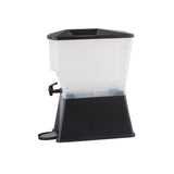A black and transparent slimline beverage dispenser with a rectangular shape, black lid, and base. It features a small spigot for pouring drinks, a circular drip tray beneath the spout, and is ideal for serving refreshments at any event. Plain white background.