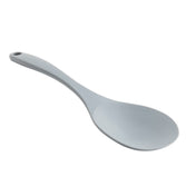 A plain, light gray, BPA free plastic spoon with a wide, shallow bowl and a slightly curved handle. The handle has a small hole near the end for hanging or storage. The spoon is photographed on a white background.