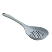 A gray, BPA free slotted spoon with a long handle and a deep, round bowl featuring multiple circular holes for draining liquids. The handle has a small hole at the end for hanging. The spoon is set against a plain white background.