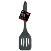 A gray silicone slotted spatula, heat resistant with a hole in the handle for hanging. A black and red product tag notes it’s a Cash & Carry Turner by Mainstays, with descriptions in English, Spanish, and French. Background is plain white.