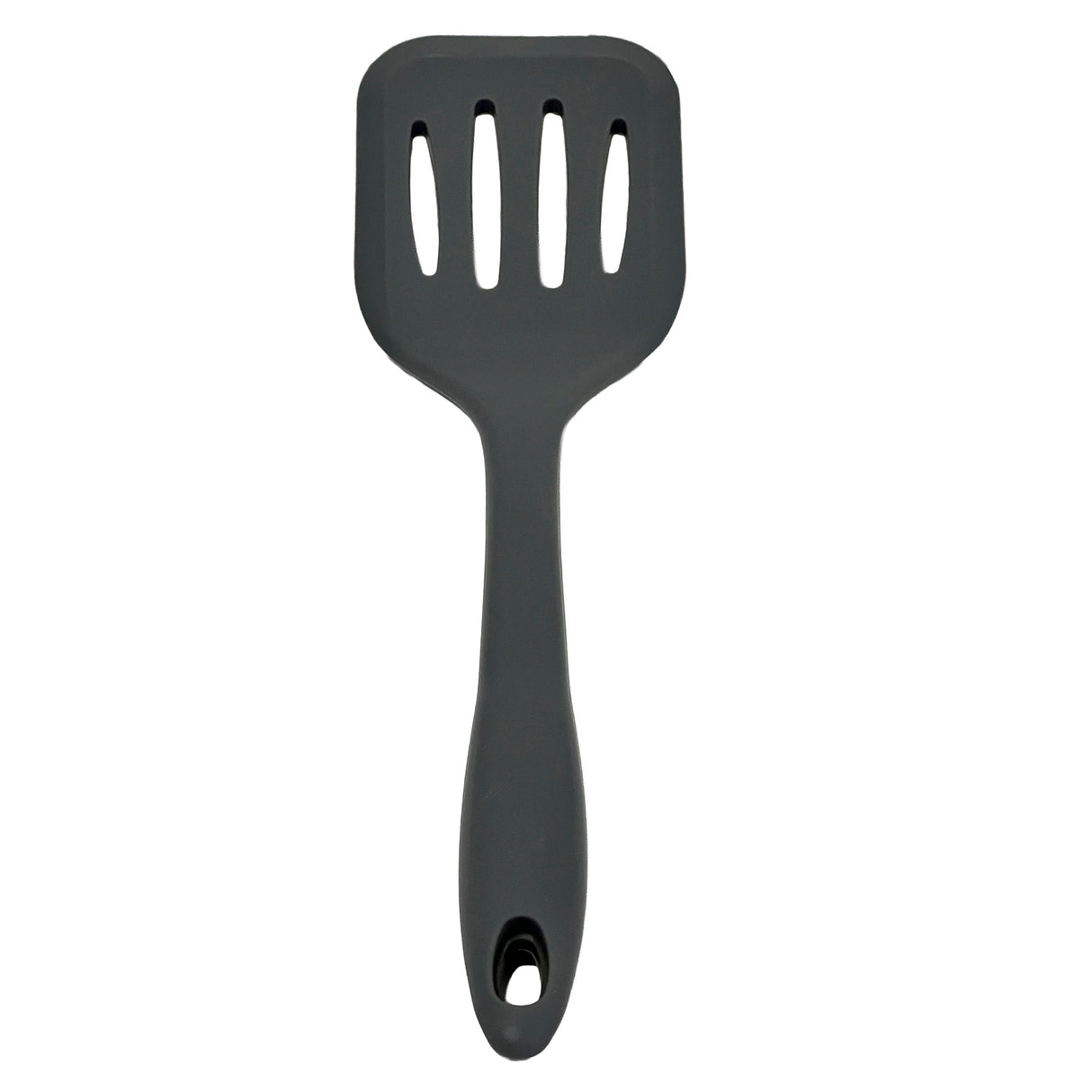 A black Cash & Carry Turner slotted spatula with a wide, flat, heat resistant silicone head featuring four rectangular slots. The solid, slightly curved handle has a hole at the end for hanging.