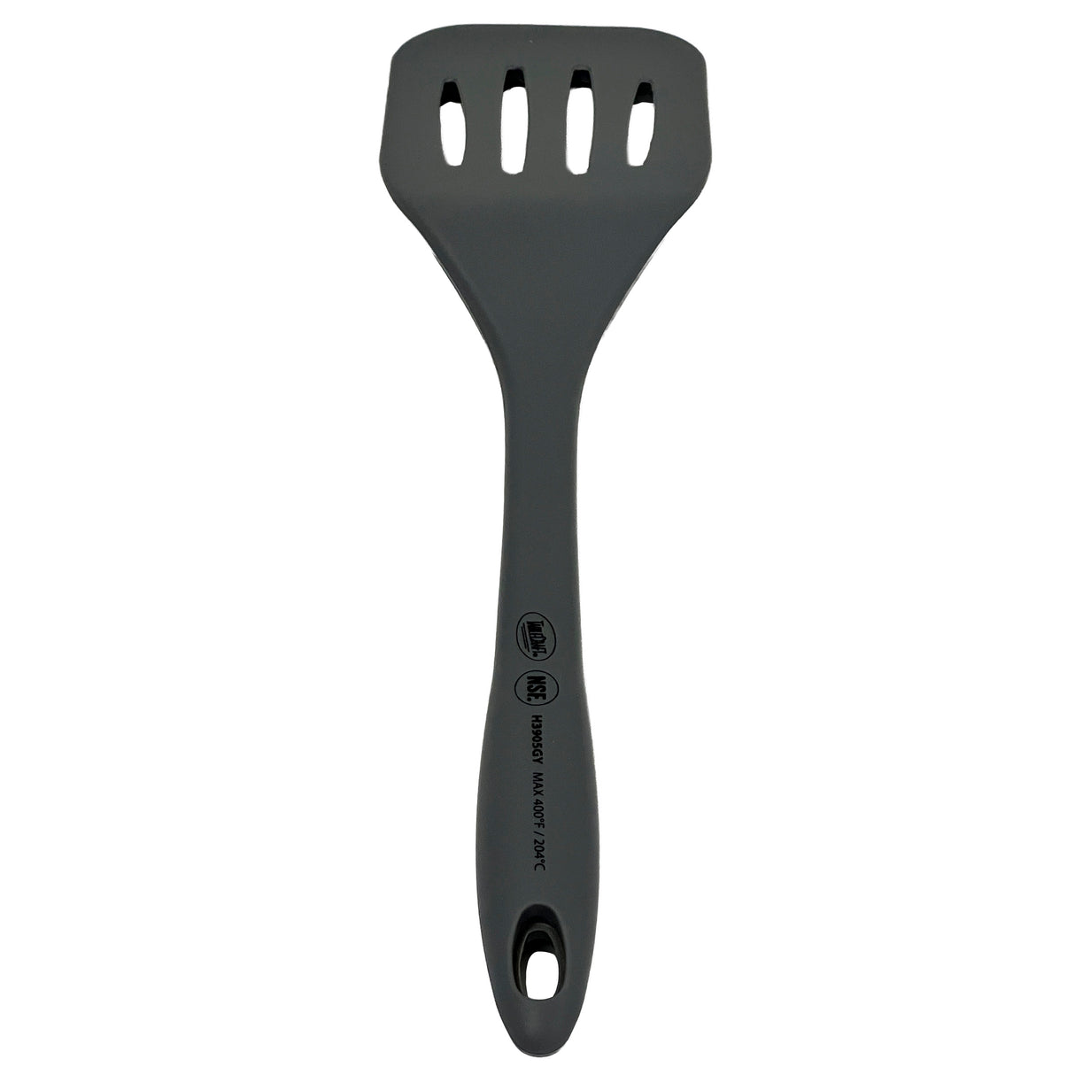 A black Cash & Carry Turner with a solid handle featuring three kitchen-related symbols and a small hole for hanging. The silicone head is heat resistant, has four slots for draining liquids, and the utensil is ideal for everyday kitchen use.