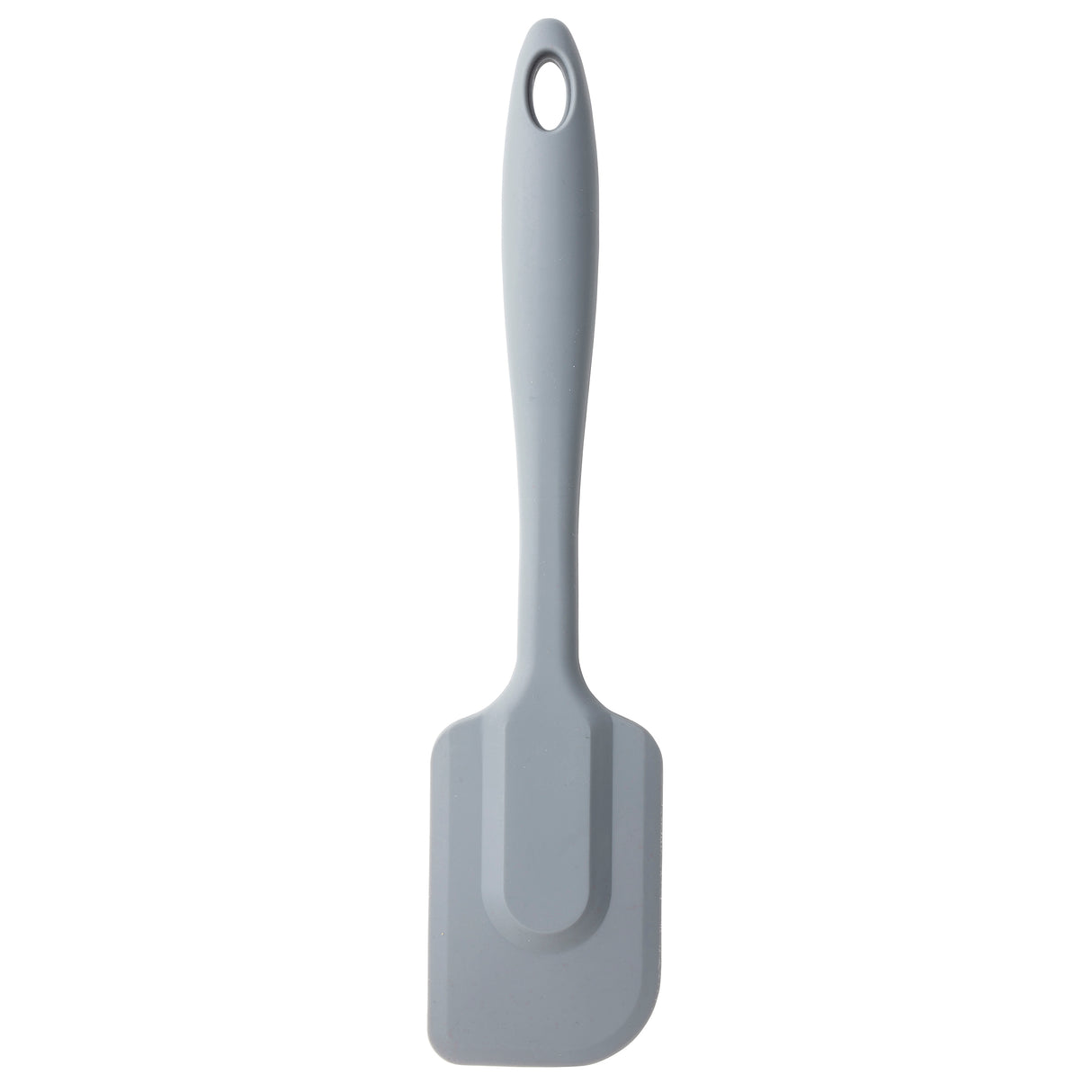 A gray silicone spatula with a rectangular, slightly curved blade and a long handle. This heat resistant spatula features a hanging hole and solid color, photographed clean and simple on a white background.