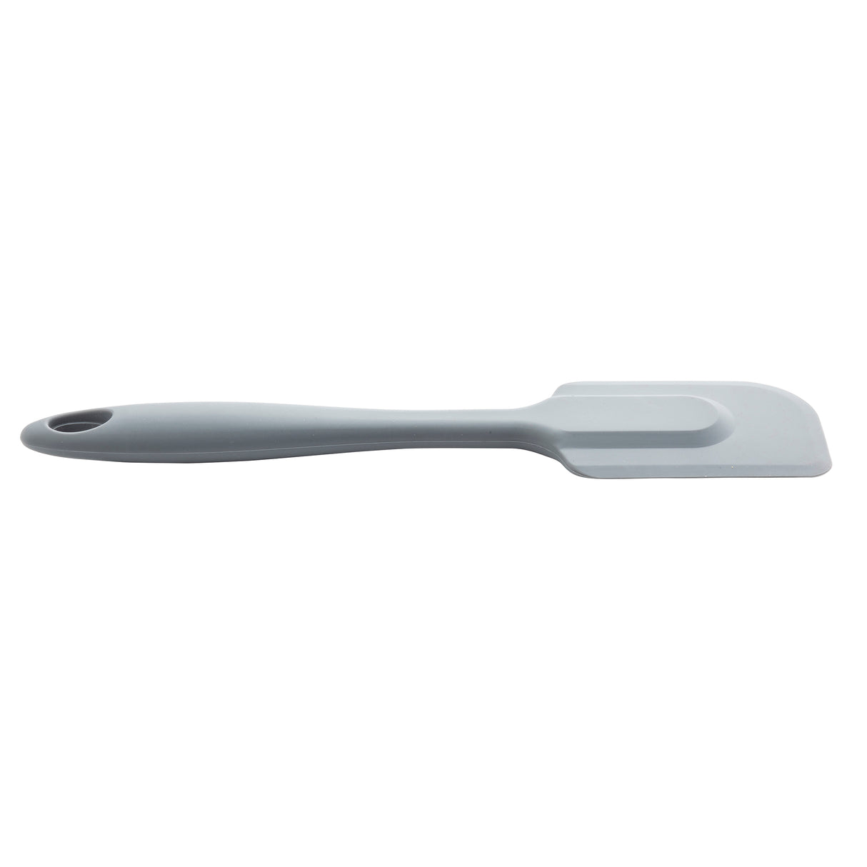 A grey heat resistant spatula with a flat, rectangular head and rounded handle, featuring a small hole at the end for hanging; this versatile silicone spatula is shown on a white background.