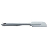 A grey heat resistant spatula with a flat, rectangular head and rounded handle, featuring a small hole at the end for hanging; this versatile silicone spatula is shown on a white background.