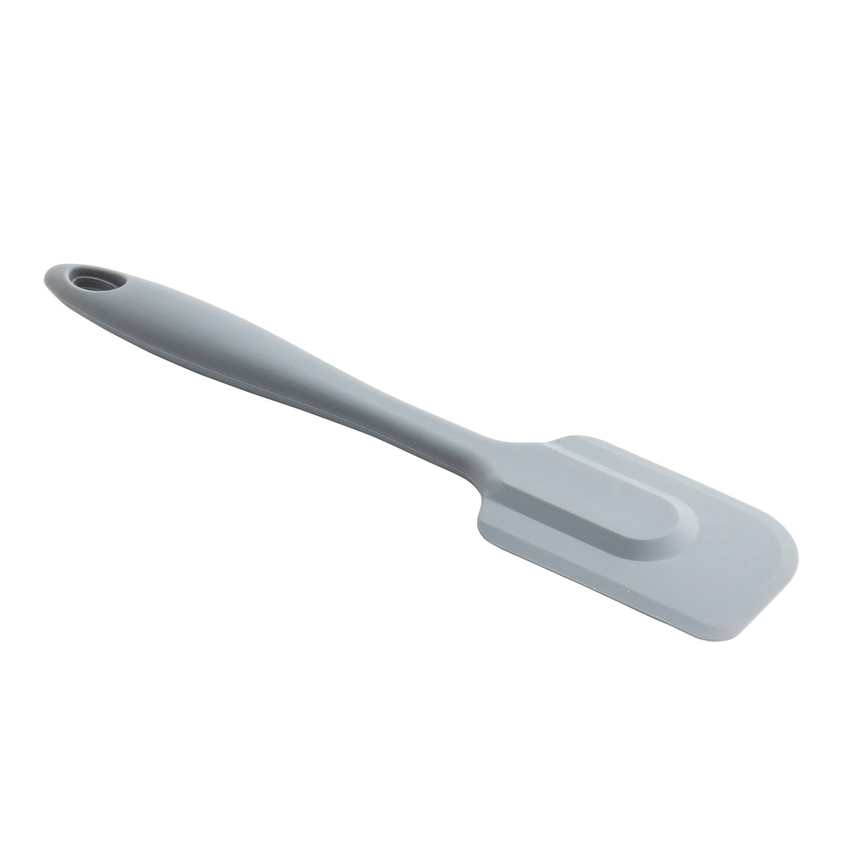 A gray heat resistant spatula with a rectangular, slightly rounded blade and a long handle featuring a hole for hanging. The seamless Baker's Spatula is designed with a raised edge, perfect for mixing or scraping while cooking or baking.