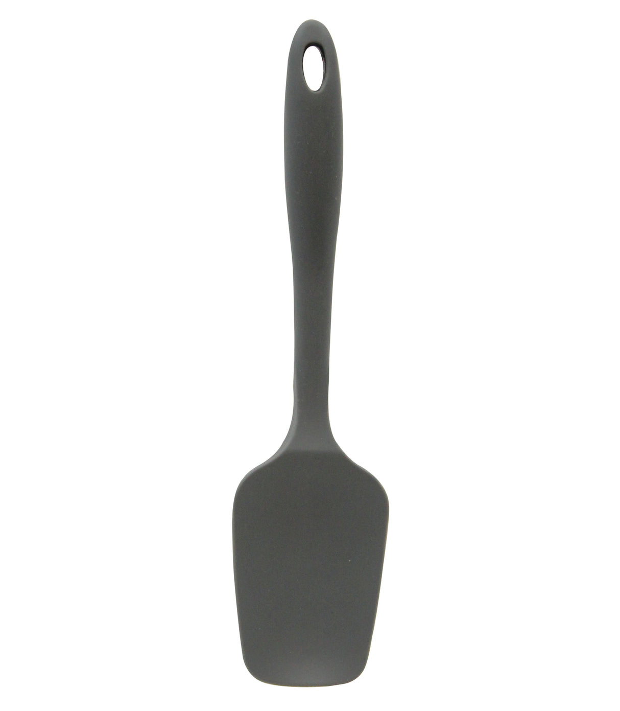 A BPA free, heat resistant silicone spatula with a long handle, a rectangular flexible blade, and a hanging hole. The utensil stands vertically on a plain white background.