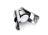 A shiny stainless steel Champagne bottle sealer with curved arms and a round white rubber seal in the center, designed to fit securely over bottles and preserve carbonation. The dishwasher safe stopper is photographed on a plain white background.