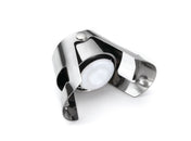 A shiny stainless steel Champagne bottle sealer with curved arms and a round white rubber seal in the center, designed to fit securely over bottles and preserve carbonation. The dishwasher safe stopper is photographed on a plain white background.
